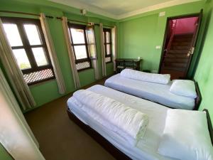 two beds in a room with green walls and windows at The Nest Guest House in Changunarayan