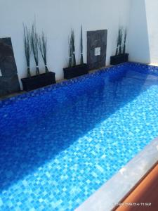 a blue swimming pool with plants on the side at Villa Naratetama in Batu