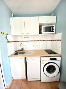 a small kitchen with a washing machine and a microwave at T2 cabine avec piscine collective, parking, climatisation, pour 4 personnes in Saintes-Maries-de-la-Mer