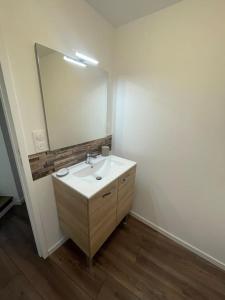 a bathroom with a sink and a large mirror at Maison de ville- quartier calme in Vitré +9 photos