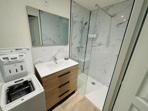 a bathroom with a shower and a sink and a toilet at Chez Mireille sur le chemin de la baie de Somme in Abbeville