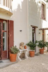 a teddy bear sitting on a bench in front of a building at Au Petit Thouars in Thouars