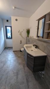 a bathroom with a sink and a mirror on the wall at Ferienwohnung Lehmann 2 in Wolfenbüttel +39 photos