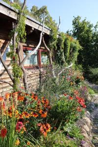a garden with flowers in front of a house at Idyllisches Blockhaus Mecklenburger Seenplatte in Penzlin