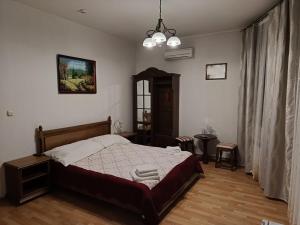a bedroom with a bed and a chandelier at Вілла Токай in Rakhiv