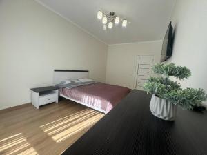 a bedroom with a bed and a potted plant at Просторі апартаменти у новобудові вул Вашингтона in Lviv