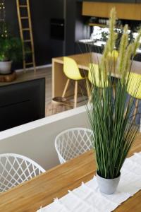a wooden table with a potted plant on it at 4 Lulworth in Johannesburg