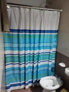 a bathroom with a shower curtain and a toilet at Casa en potrerillos in Potrerillos +31 photos