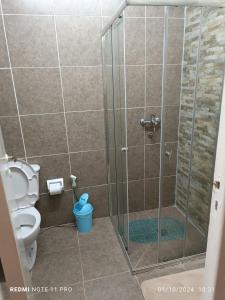 Un baño con ducha y WC. en Departamentos Hubert, en Apóstoles