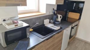 a kitchen with a sink and a microwave at Chez Martin - centre-ville in Brassac-les-Mines