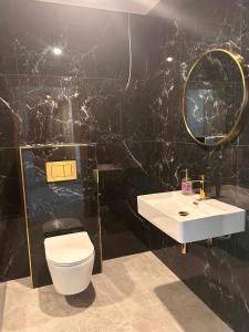 Baño negro con aseo y lavamanos en Resort Eden Premium Sauna, jacuzzi, en Jastrzębia Góra