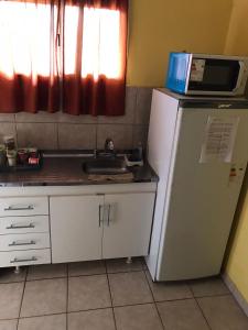 eine Küche mit einer Spüle und einer Mikrowelle auf dem Kühlschrank in der Unterkunft Deptos Peumayen - Parking - Excelente Ubicacion - Full Equipado in Río Colorado
