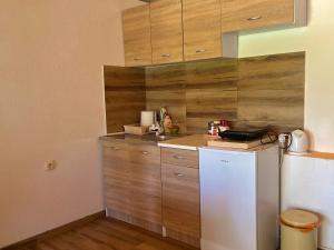 a kitchen with a white refrigerator and wooden cabinets at Apartman Boljević in Podgorica +6 photos