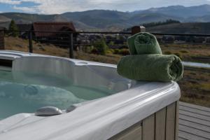 a green teddy bear sitting on the edge of a bath tub at Scenic Perch home in Tabernash