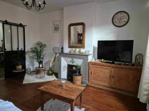 a living room with a television and a fireplace at La villa Bherte dé cil in Aire-sur-lʼAdour