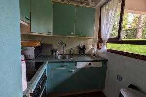 a kitchen with green cabinets and a sink at La Clé de Jane in Chatou