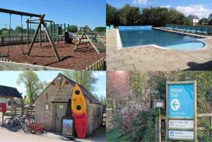 a collage of pictures of a pool and a playground at Mill Village 75, Tide Cottage - P in Somerford Keynes