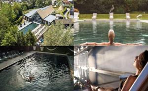 a collage of pictures of a woman swimming in a pool at Mill Village 67, Driftwood Lake House - P in Somerford Keynes