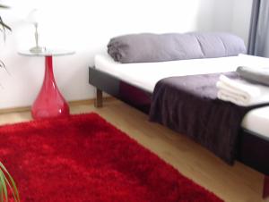 a bedroom with a bed and a red rug at Ferienwohnung Bankwitz in Cologne