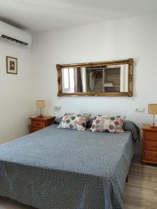 a bedroom with a bed with a mirror on the wall at Grandpa Beach House in Alicante