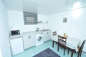 a kitchen with a washing machine and a table and chairs at Apart centr in Cahul
