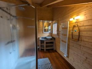 a bathroom with a shower and a sink at Le Grand Chalet Bellevue - parking Wifi BBQ in La Bresse