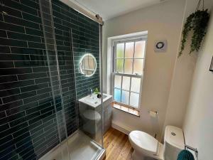 a bathroom with a shower and a sink and a toilet at Entire home in perfect old town location in Hull +34 photos