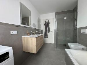 a bathroom with a sink and a shower and a toilet at KoschenOase Wohnung Barreriefrei für 2 Personen in Senftenberg +17 photos