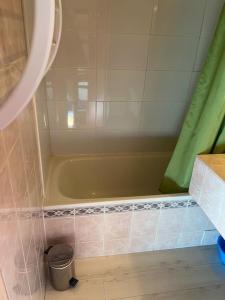 a bathroom with a tub and a green shower curtain at Centre Station 6 personnes in Val Thorens