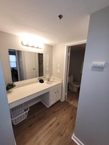 a bathroom with a sink and a mirror at Aksarben Gem-Easy access to I-80 in Omaha +6 photos