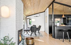 a dining room with a fireplace and a dining table at 3 Bedroom Stunning Home In Strøby in Strøby +13 photos
