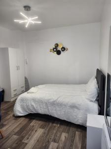 a bedroom with a bed and a ceiling fan at Studio proche Paris in Saint-Denis