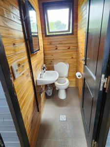 a small bathroom with a toilet and a sink at Casa Cortés Golf - Boutique in Sierra de la Ventana