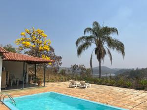 a swimming pool with two chairs and a palm tree at Recanto do Coração in Itaúna