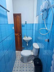 a blue bathroom with a toilet and a sink at La Casa de las 7 Esquinas in Puno