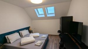 a living room with a couch and two windows at Ferienwohnung Lehmann 2 in Wolfenbüttel