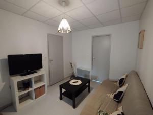 a living room with a couch and a tv at Appartement centre Descartes in Descartes +6 photos