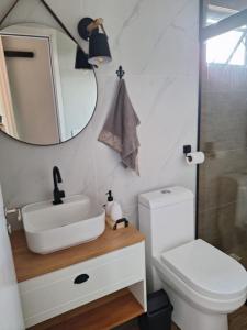 um banheiro com uma pia, um vaso sanitário e um espelho em Pousada Ecoblue Container em Palhoça