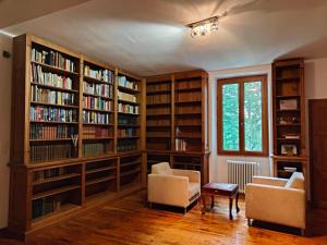 a library with book shelves filled with books at Château de Fortis in Serrières-en-Chautagne