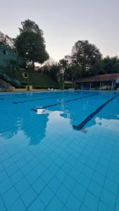 a large swimming pool with blue tiles on it at Chalé do Lago in Pirapitingui