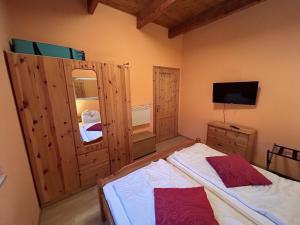 a bedroom with a bed and a mirror and a television at Gemütlicher Bungalow am Meer in Pepelow in Pepelow