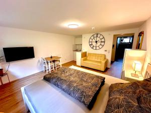 a large living room with a bed and a television at Akram Appartement V - für erholsame Ferien in Hildesheim