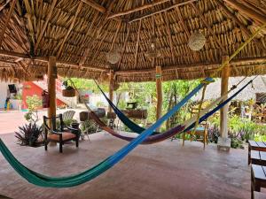 a hammock under a straw umbrella in a patio at Casa Xu´unan in Valladolid