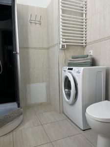 a bathroom with a washing machine and a toilet at Cozy Apartment in Old Riga & Free Underground Parking in Rīga