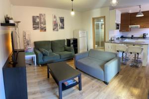 希洪Apartamento casco histórico Gijón的带两张沙发的客厅和厨房