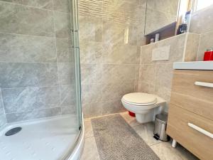 a bathroom with a shower and a toilet and a sink at Maison confortable Chelles, entre Disney et Paris in Chelles
