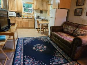 a living room with a couch and a kitchen at Mountain Side Chalet in Packwood +5 photos