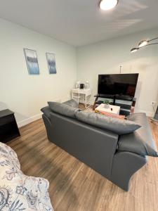 a living room with a couch and a flat screen tv at Onyi’s cozy himalaya in Hammonds Plains
