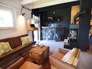 a living room with a couch and a fireplace at Holiday Home by Lake Zarnowieckie with Sauna in Nadole