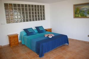 a bedroom with a blue bed with a stuffed animal on it at Precioso Loft de 100 m2 con vistas impresionantes - Alquiler de temporada in Gilet +12 photos